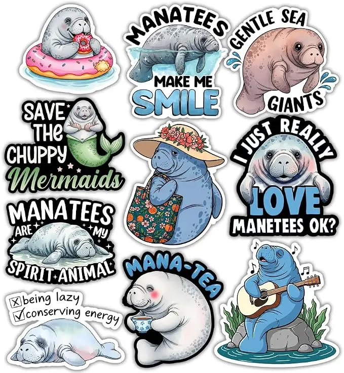 10pcs-Cute Manatees Stickers Pack Gentle Sea Giants, Sea Cow Decals Save The Chubbies Mermaids Stickers Florida Manatees Waterproof Ocean Gift Decorations Car Laptop Water Bottles Luggage