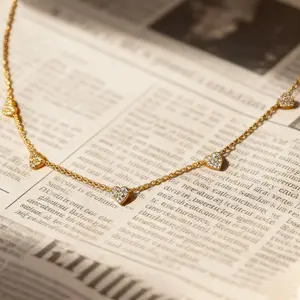 Dainty Heart Station Necklace for Women, 18K Gold Plated CZ Heart Chain Necklace, Minimalist Collarbone Jewelry Gift for Her