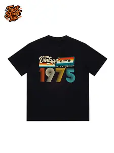 Vintage Tape Print T-Shirt, 70s Retro Music Theme Short Sleeve, Casual Fitted Graphic Tee, Lettuce Trim, Without Zipper, No Collar