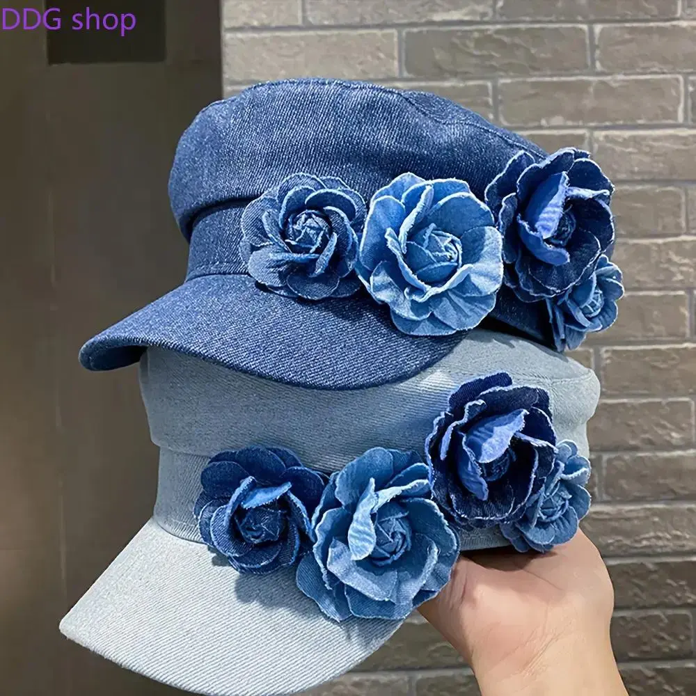 Women's Denim Flower Newsboy Cap, 2026 Spring Autumn Stylish Octagonal Beret Hat, Adjustable Baseball Cap with 3D Rose, Perfect for Outdoor Camping, Party & Daily Wear