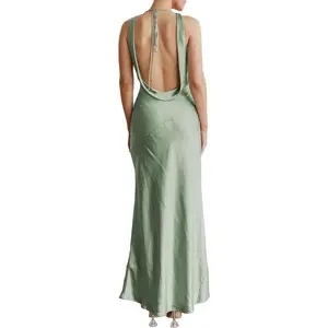 WOMEN'S 2025 summer satin backless elegant dress for wedding guest silk sleepveless cowl neck formal party maxi dresses