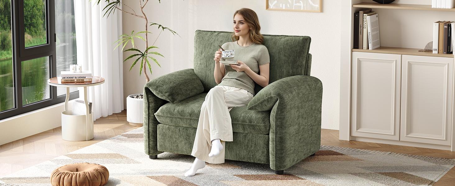 【BackToSchool】ONBRILL Oversized Accent Chair, 41 Inch Chenille Fabric Armchair, Comfy Single Sofa Chair with Padded Arms, Pocket Spring Cushion, Modern Reading Chair for Living Room, Bedroom Furniture BackToSchool