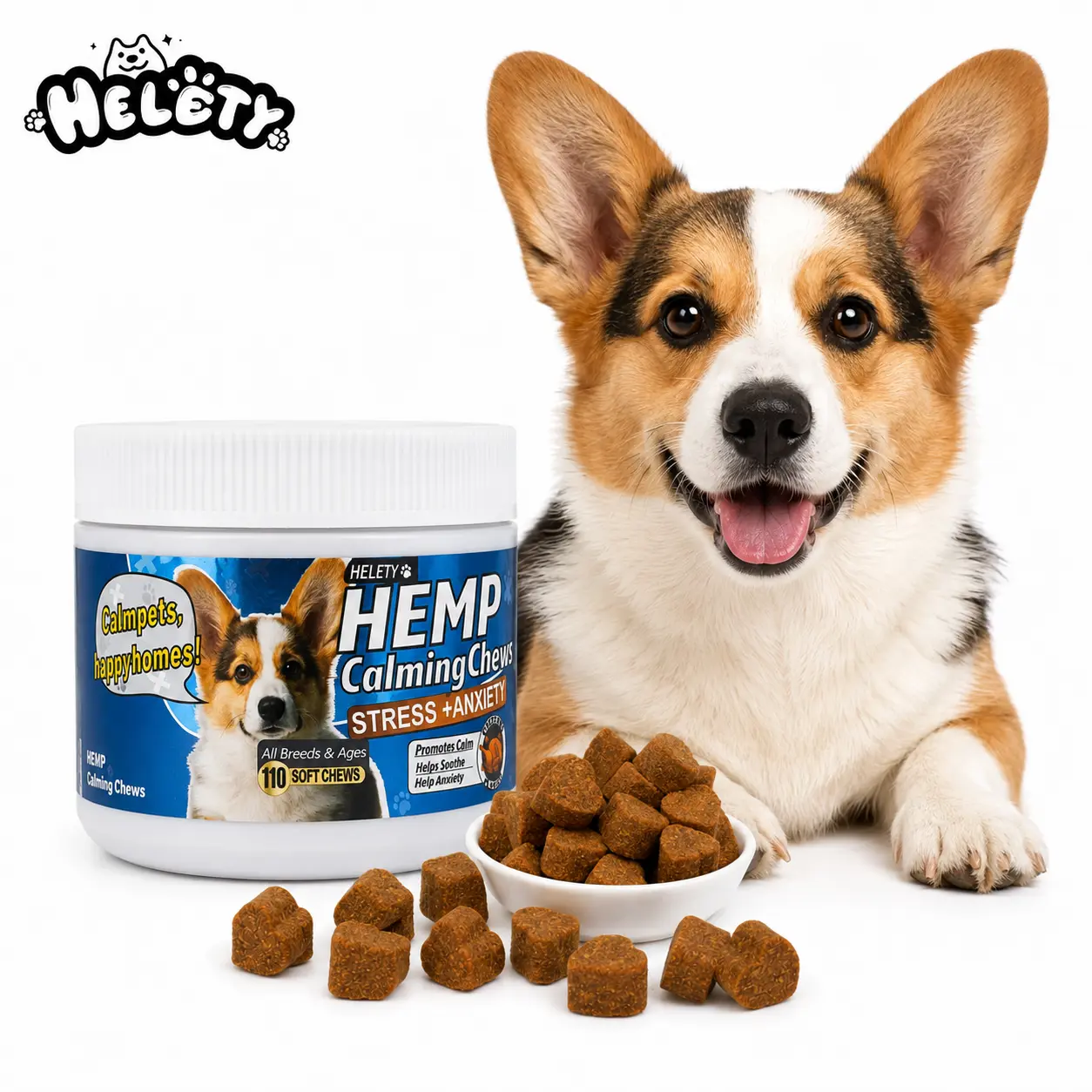 HELETY Calming Chicken Flav. Soft Chews for Dogs - Anxiety Aid, Stress Relief Heart Shape Treats with Vitamins, Pumpkin, Probiotics, Hip & Joint Support (110 Count, All Breeds & Ages)