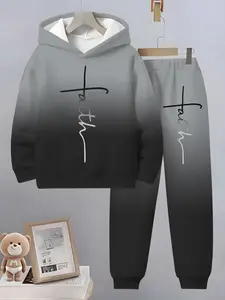 Boys Fashion Letter Pattern 3D Printed Hoodie Set, Husky Boy Clothes, Long Sleeve Sports Wear, Spring Fall Winter Outdoor Hoodies, Casual Fitted Sweatshirts, Sweatpants