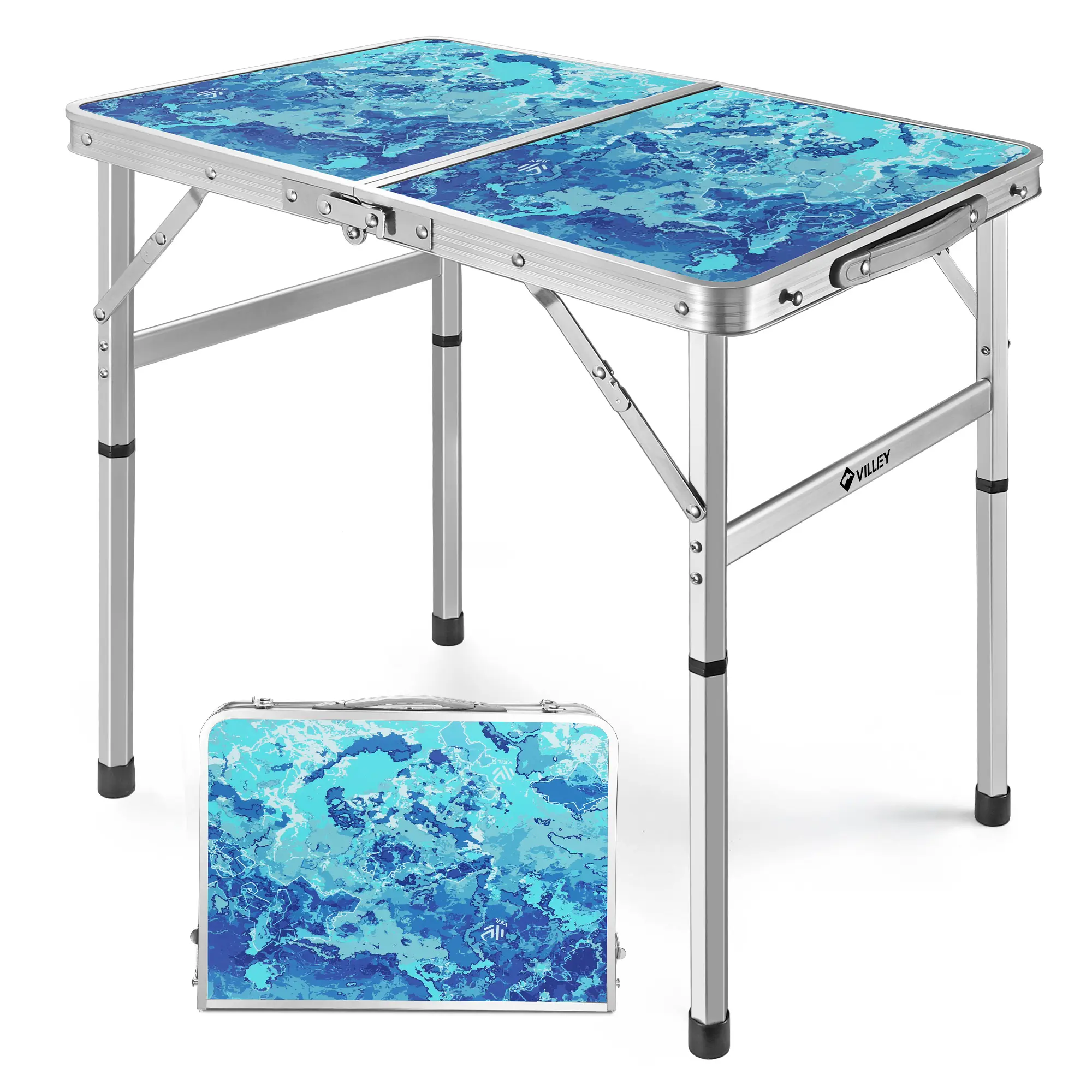 VILLEY Folding Camping Table, Adjustable Height Portable Aluminum Table with Handle, Lightweight Foldable Table for Outdoor Picnic BBQ Travel Camping Indoor Use