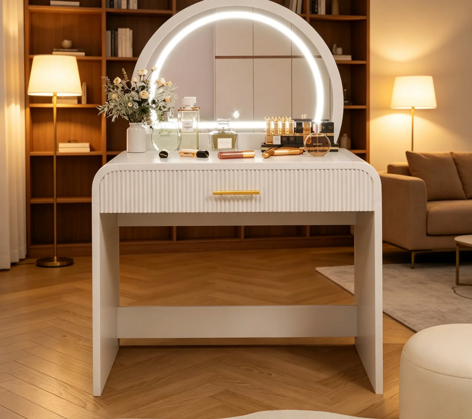 Lighted Makeup Vanity Table - Indoor Furniture with Touch Screen Mirror, Multi-purpose Dressing Table with Drawer for Home Bedroom