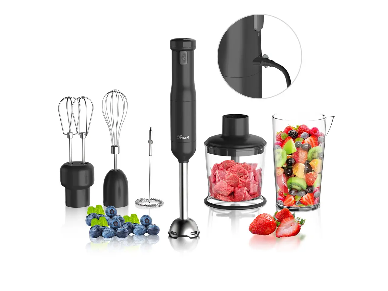 Rosewill 6-in-1 Multi-Speed Cordless Rechargeable Immersion Hand Blender, Heavy Duty Motor - Stick Blender, Beaker, Whisk, Chopper, Dual Beater, Milk Frother - For Smoothies, Baby Food, Soup - Black