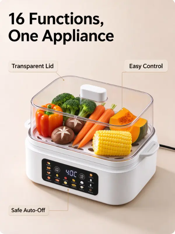 Food Steamer - 1-Tier Detachable Trays Steam Pot, 1500W Fast Steaming Automatic Kitchen Appliance Cooker with Multiple functions, Keep Warm for 3-6 Servings Less Oil Cooking,techvibes