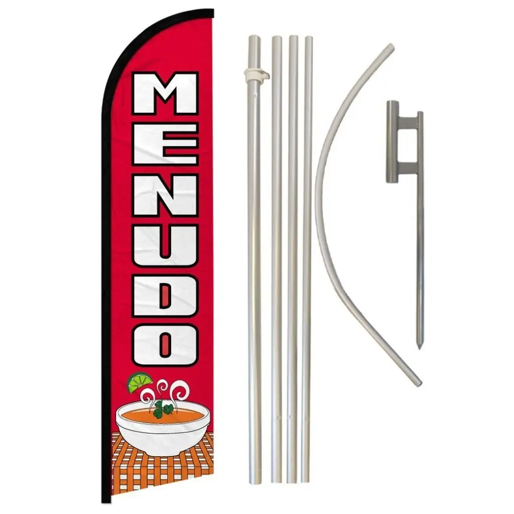 Windless Banner and Pole Kit - 11.5x2.5 ft Menudo Advertising Banner, Complete Steel-Aluminum Pole Set with Ground Spike, Home & Festive Party Supplies Backdrop, Advertising Banners
