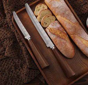 2-piece bread knife and cheese knife set with walnut handles, ultra-sharp serrated blades made of 420 stainless steel, ergonomically designed—perfect for bread, cheese, bagels, pastries, and everyday kitchen use.