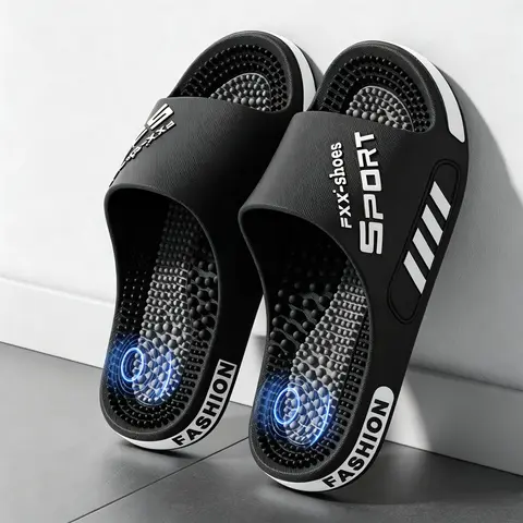 Men's Acupressure Massage EVA Foam Slides Clogs Footwear - 2026 New Summer Thick Sole, Nonslip, Ultra-Quiet, Plantar Fasciitis Support, Black Open Toe, Cozy House Slipper, Cushioned Hands-Free Slip-In Foam Men's Fashion Slippers, Indoor Casual
