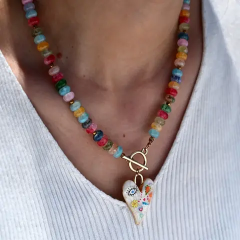 Vintage Handmade Colorful Glass Heart Shaped Pendant Hearts Pendant Necklace Trendy Crystal Heart Necklace for Women, Fashion Unique Jewelry for Party & Wedding, Ideal Gift