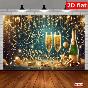 2D Flat New Year Celebration Shimmer Polyester Party Banner 243.84x182.88 cm Multi-Use Festive Decor for Parties Gardens Studios Homes Versatile Photo Booth Backdrop with Ornaments