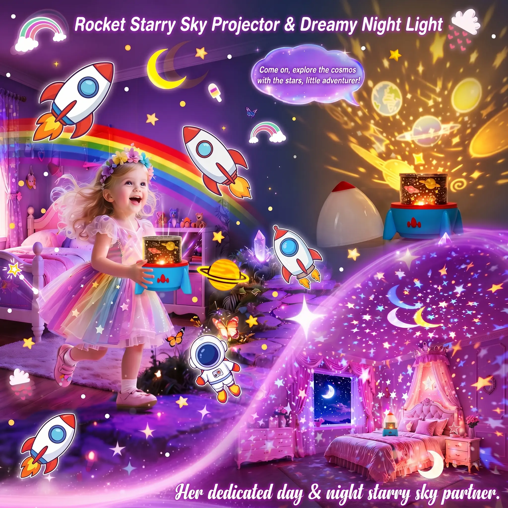 Rocket-Shape Viral Cute Unicorn Star Projector, 315 Light Modes, 15 Films, 360-Degree Rotate, Remote Control, 1200mAh Rechargeable Battery, Princess Mermaid Theme, Kids Bedroom Decor for Girls Age 4-7, Novelty Lighting jellyfish, Starry, Rocket Projection