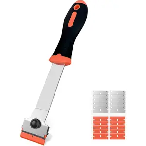 Razor Blade Scraper, Long Handle Scraper Tool with 10 Plastic & 10 Metal Blades-For Removing Labels, Stickers, Appliance Grease, etc. from Windshields, Tint & Glass (Orange)