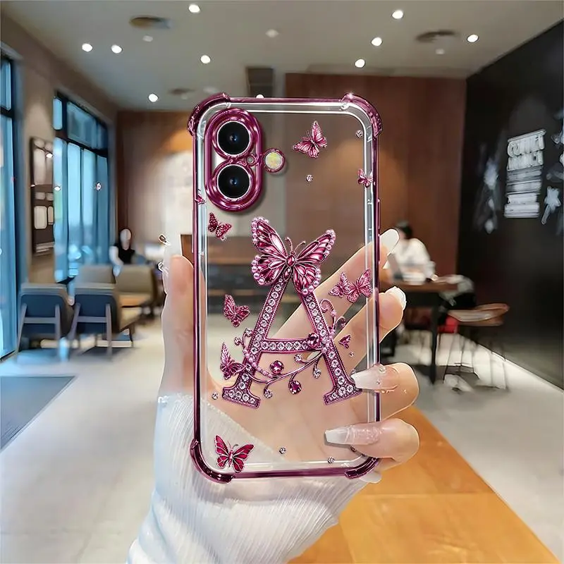 Suitable for [iPhone 16 Plus ] new women's phone case,Electroplated shockproof phone case with reinforced corners, featuring the latest purple butterfly design and a choice of all 26 letters！YM99