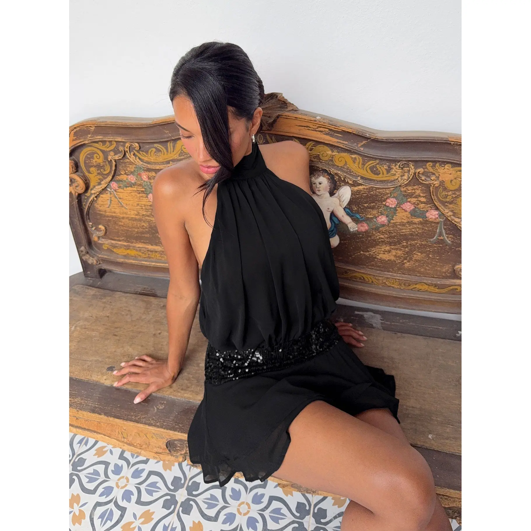 Zenayda Drop Waist Sequin Mini Dress Black