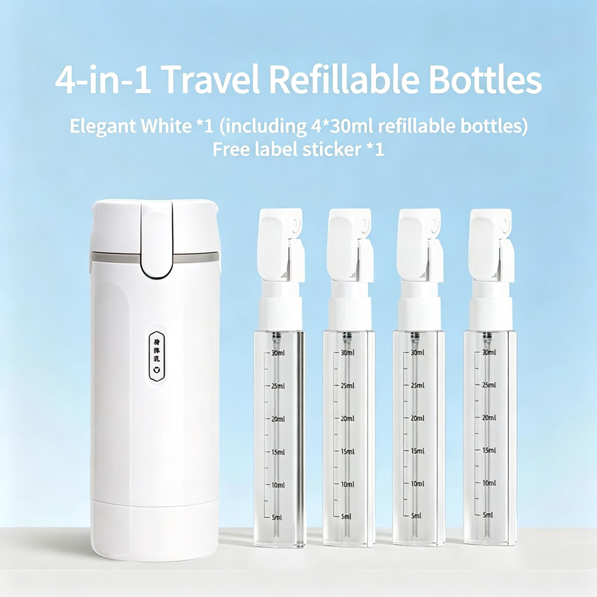 UFORU 4-in-1 travel refillable split bottle set, wash dispenser, necessary for skin care and beauty travel, suitable for shampoo, lotion, skin care products