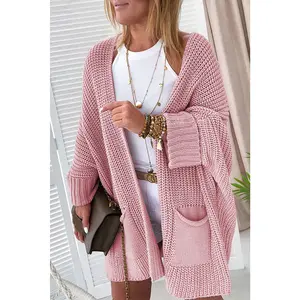 Pink Oversized Fold Over Sleeve Open Front Cardigan