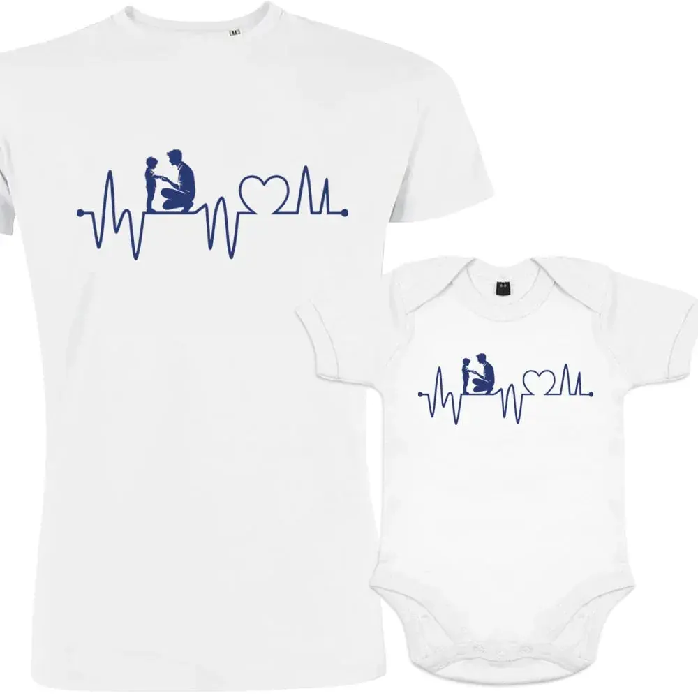 Women's Family Clothing Set, Heartbeat Themed Dad-and-Child Matching Organic Clothes - Soft Short-Sleeve Shirt, Onesie