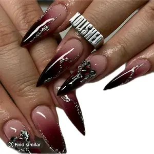 24pcs Nails with Glue Almond Black Red Gradient Design - Detachable Rhinestone Acrylic Long Stilleto Nails, Press Application