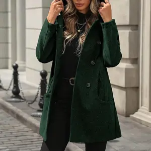 Graceful Women's Solid Color Double-Breasted Hooded Wool Coat, Suitable for Autumn and Winter, Home Leisure and Outings Elegant Buckle