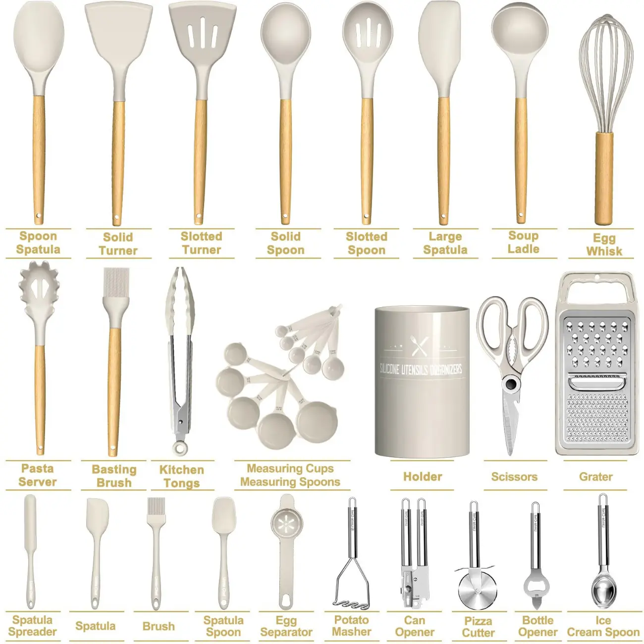 Silicone Kitchen Utensil Set with Wood Handles - Durable, Heat-Resistant Nonstick Cookware Tools for Cooking, Includes Turner, Slotted Spoon and Multicolor Wooden Grater