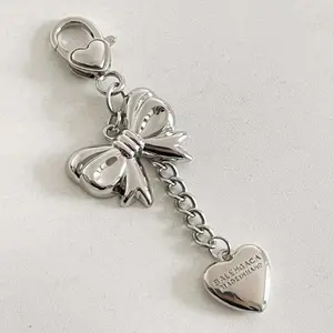 Y2K  Color Heart Bow Keychain Vintage Metal Bowknot Keyring Fashion Bag Pendant Backpack Hanging Accessories