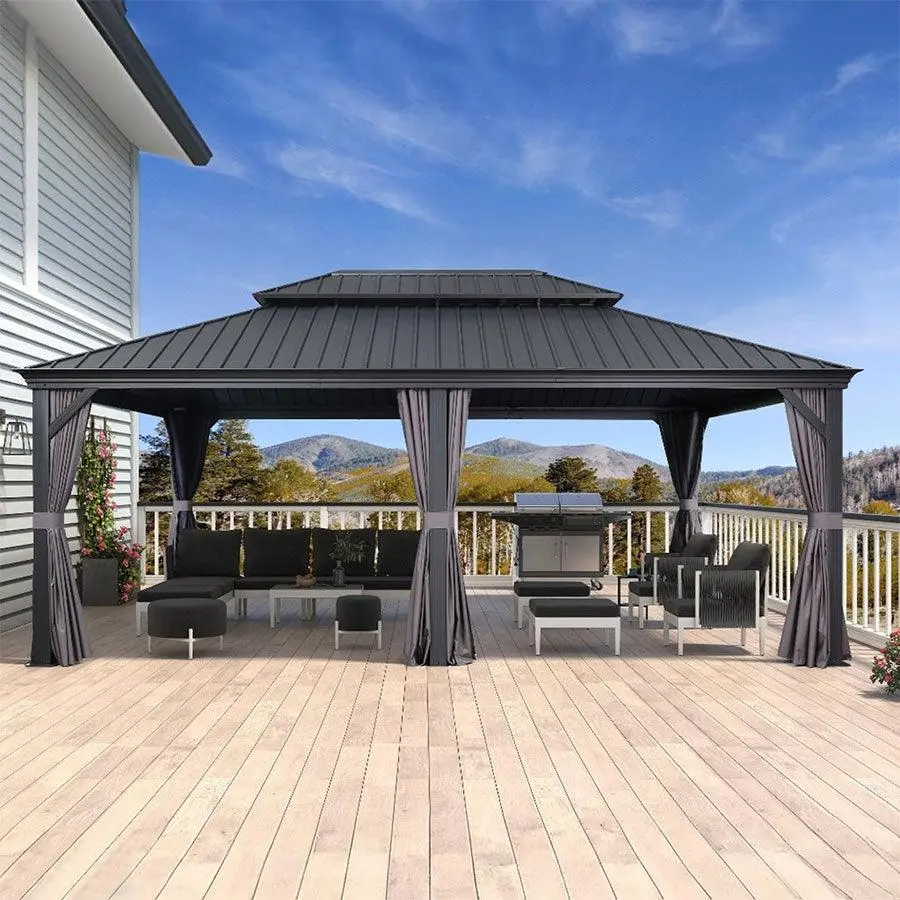 PURPLE LEAF 14'x20' Hardtop Patio Gazebo Outdoor Shade Canopy - Heavy-Duty Sturdy Aluminum-Galvanized Steel Grey Frame, Weatherproof, Upgraded Curtain, Sun Protection Aluminum Frame Canopy for Backyard Outdoor Furniture Set