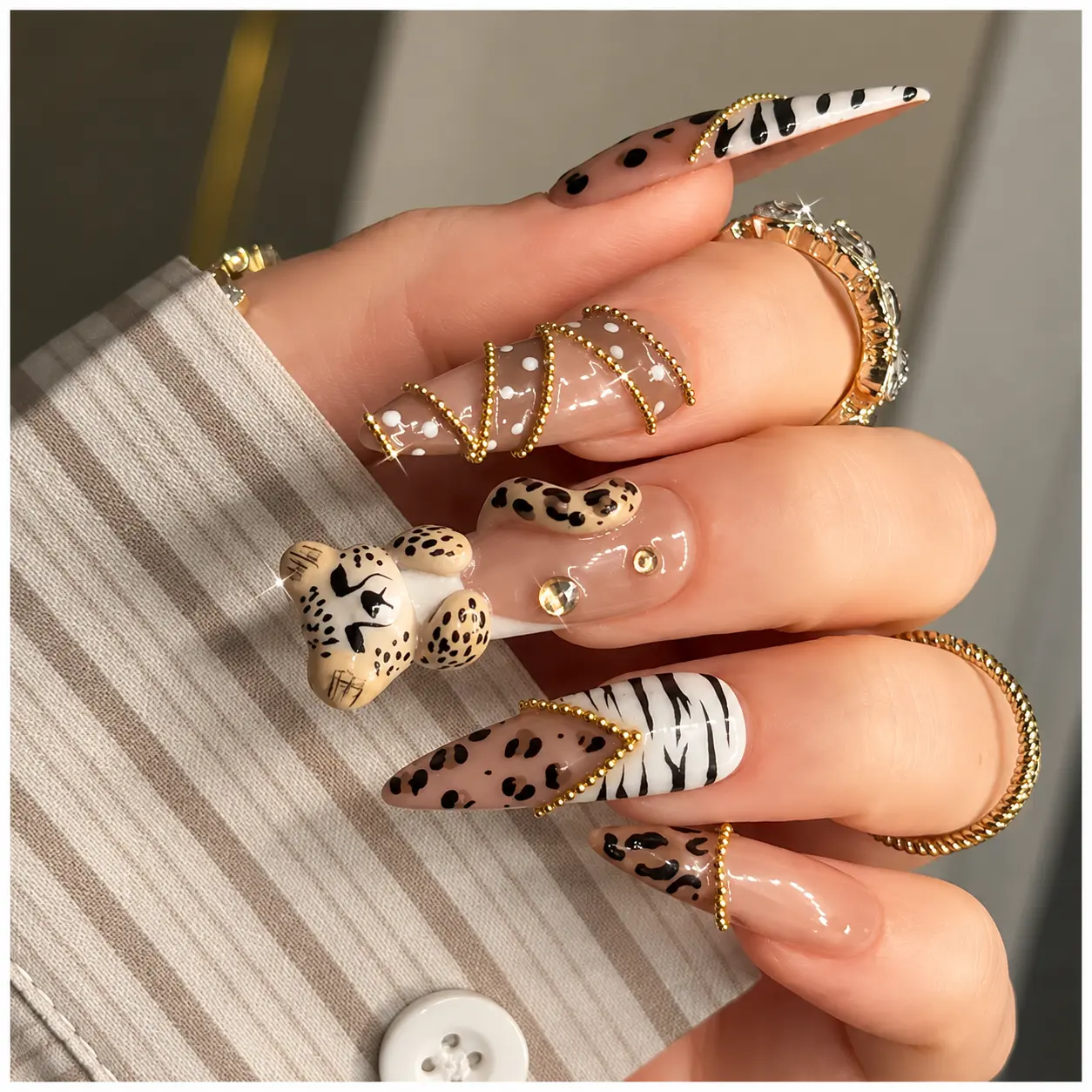 NAILCOUTURE Luxury Handmade 3D Nail Art Reusable Press On Nails | Long & Medium Almond Stiletto Square Coffin Oval Nails | Acrylic Gel Press On Nails | Summer Floral Butterfly Shell Collection | Glossy Salon Quality