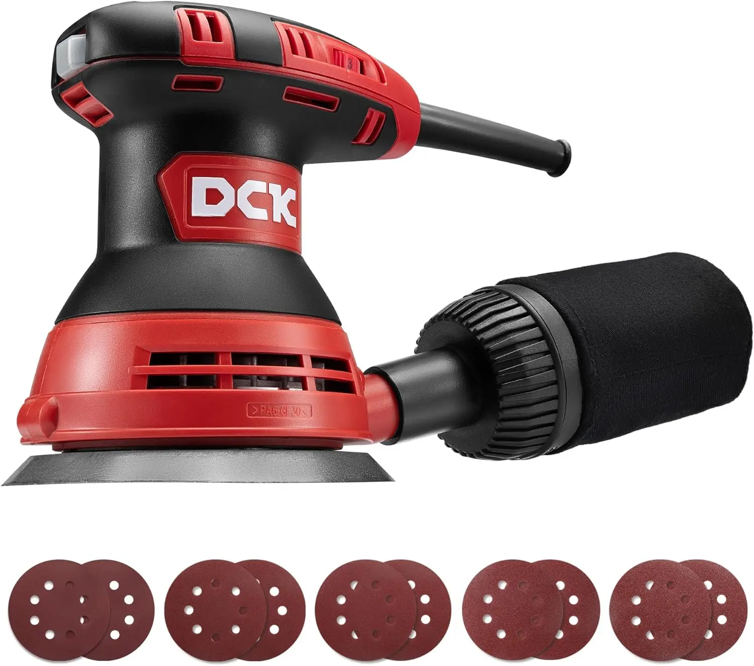 DCK Orbital Sander, 3.0 AMP Corded Palm Sander, 6 Speeds Max 12,000 OPM,  with 10 pcs Sandpapers, Dust Bag, Low Vibration for Woodworking, Decoration Furniture (KSA125)