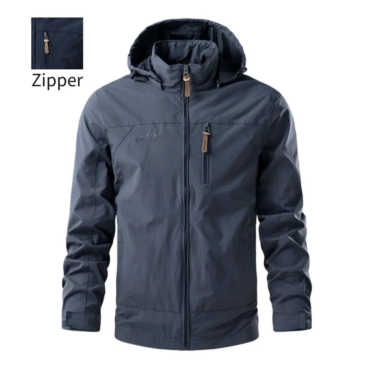 Men’s hooded softshell jacket with full zip closure and multiple pockets — outdoor hiking/mountaineering jacket