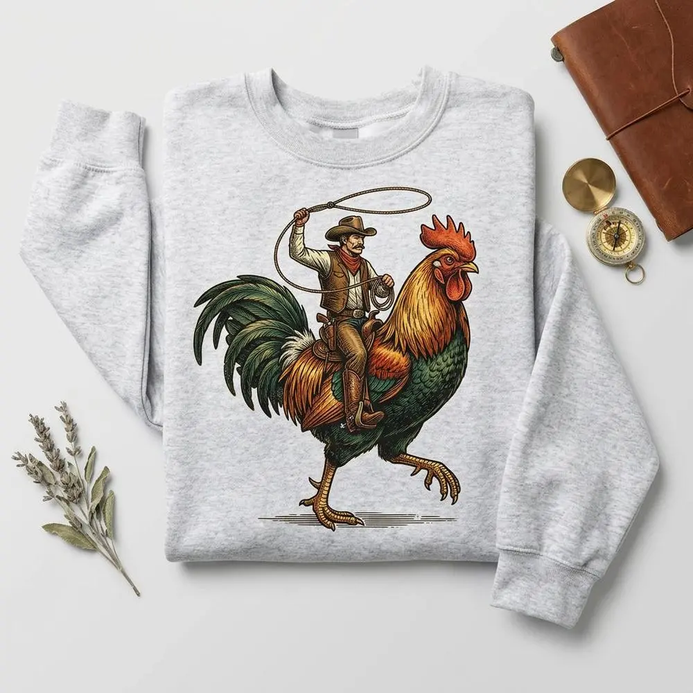Women's Rooster Digital Print Sweatshirt, Retro Western Style Long Sleeve Pullover, Round Neck Cotton-Polyester Farm Top, Fitted, Tops, All Seasons, Crew Neck, Casual, Do Not Dry Clean, Retro Vintage, Fitted Cut, Graphic