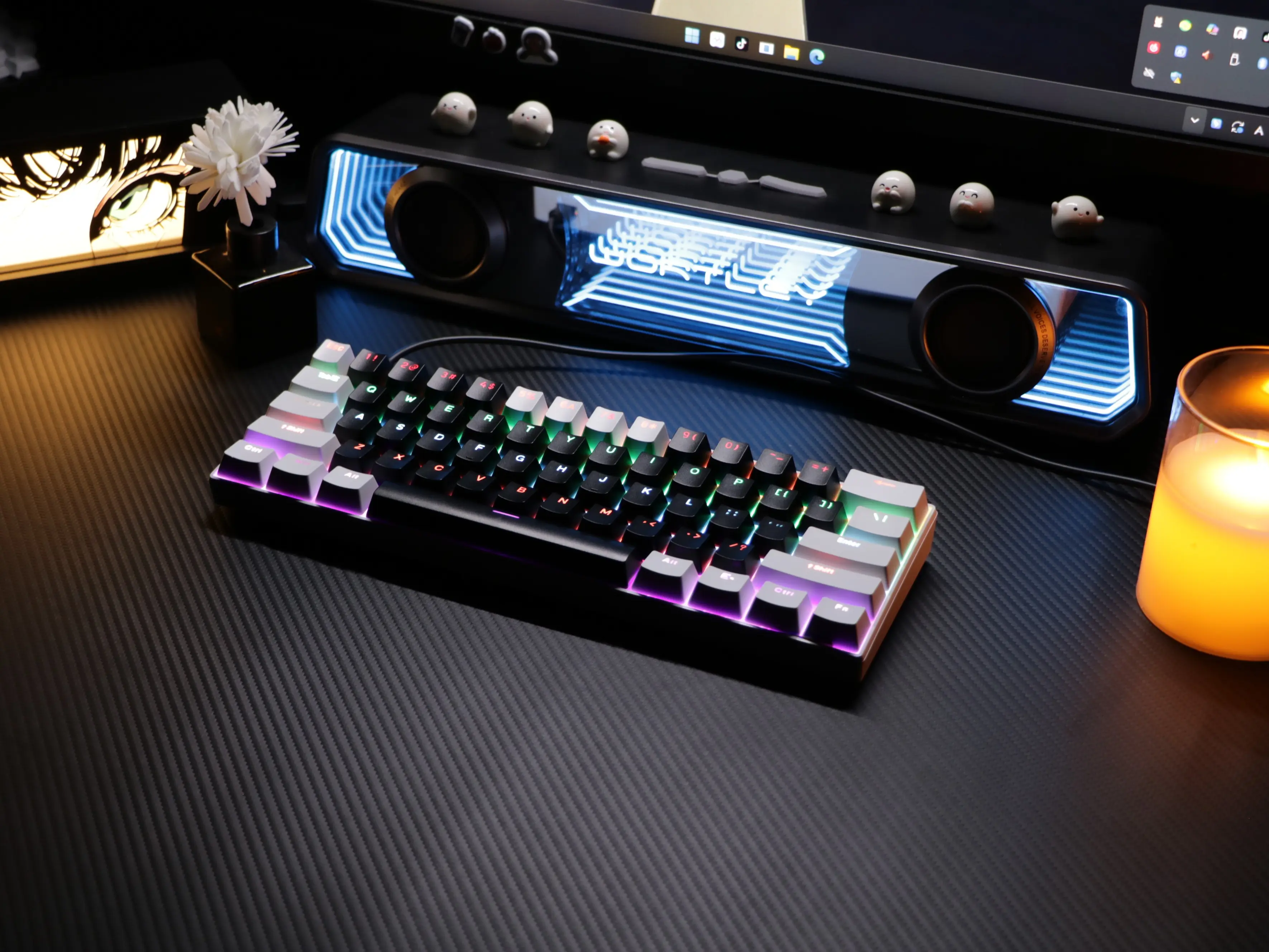 61-key hot-swappable true mechanical keyboard featuring a black-and-white design and Red switches. It utilizes a compact 60% layout with vibrant RGB backlighting and is suitable for both gaming and office use on PC and Mac.