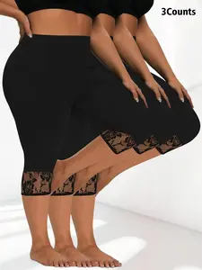 [Plus Size] Contrast Lace Capris Leggings, Casual Comfy High Stretch Fitted Skinny Pants for Daily Wear, Women's Bottoms for All Seasons, Womenswear