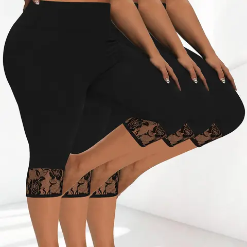 [Plus Size] Contrast Lace Capris High Waist Leggings, Stretchy Soft Solid Color Leggings, High Waisted Legging, Casual Comfy High Stretch Fitted Skinny Pants for Daily Wear, Women's Bottoms for All Seasons, Womenswear