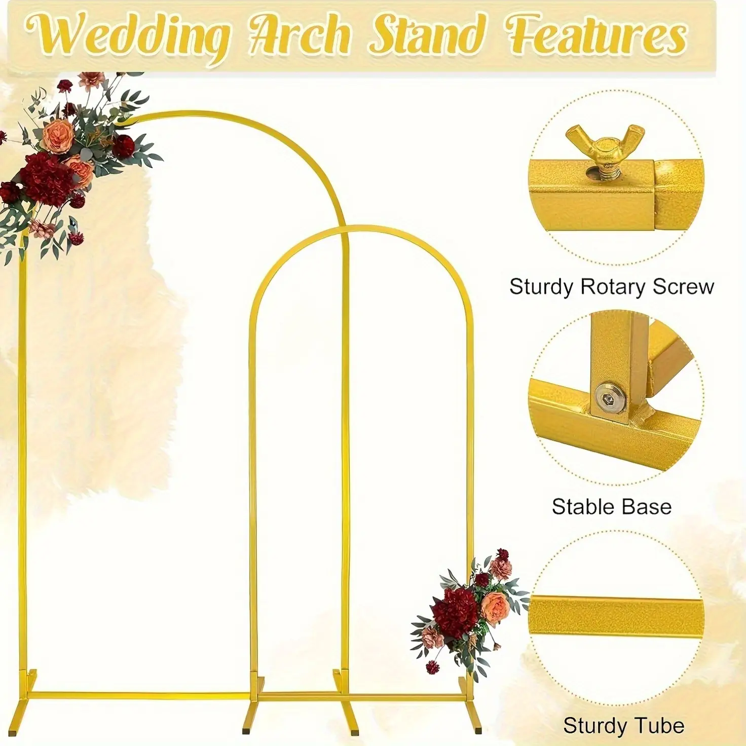 2Pcs Heavy Duty Metal Wedding Arch Backdrop Set (7.2ft + 6ft) - Sturdy Steel Frame with Gold Powder Coating, Easy to Assemble Balloon Flower Arch for Weddings, Birthdays, Eid and Ramadan Decorations - Indoor/Outdoor Party Decor, No Batteries