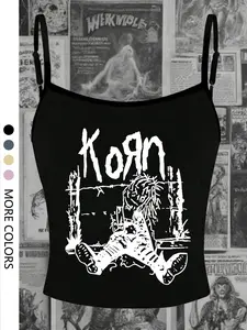 American Vintage Band Tank Top, Gothic Punk Style, Korn Rock Print, Short Sleeveless Vest, Adjustable Straps, Music Festival Wear