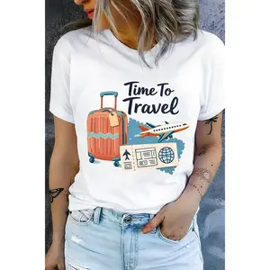 Slogan And Luggage Print Short Sleeve T-Shirt Graphic Tees Women Tops