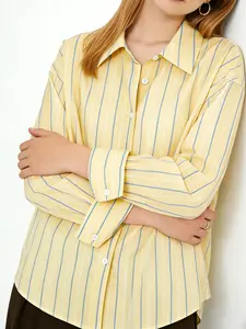 A women's fashionable yellow and blue striped loose long sleeved shirt, with a refreshing stripe design and a loose fit that covers the skin. It is suitable for commuting to work, shopping and outdoor activities, indoor and outdoor dressing