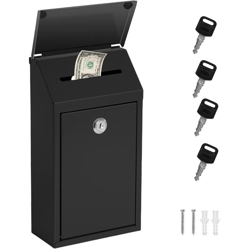 Metal Donation Box Collection Box Safe Suggestion Drop Box with Lock Wall Mounted Mailbox with Rain Cover Delivery Ballot Box with Slot for Outside  Office (Black)