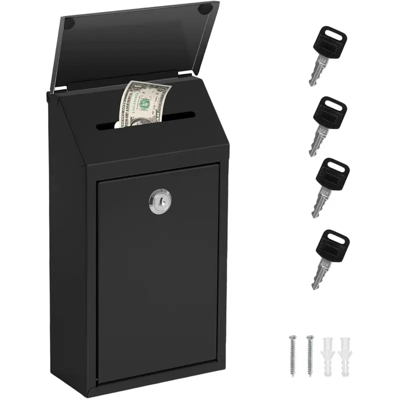 Metal Donation Box Collection Box Safe Suggestion Drop Box with Lock Wall Mounted Mailbox with Rain Cover Delivery Ballot Box with Slot for Outside  Office (Black)