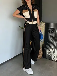 New Summer Fashion Two-Piece Set, Casual Style Set, Short Sleeve Zipper Design Top + Wide Leg Pants, Casual Women's, Trendy Clothing for Spring & Summer