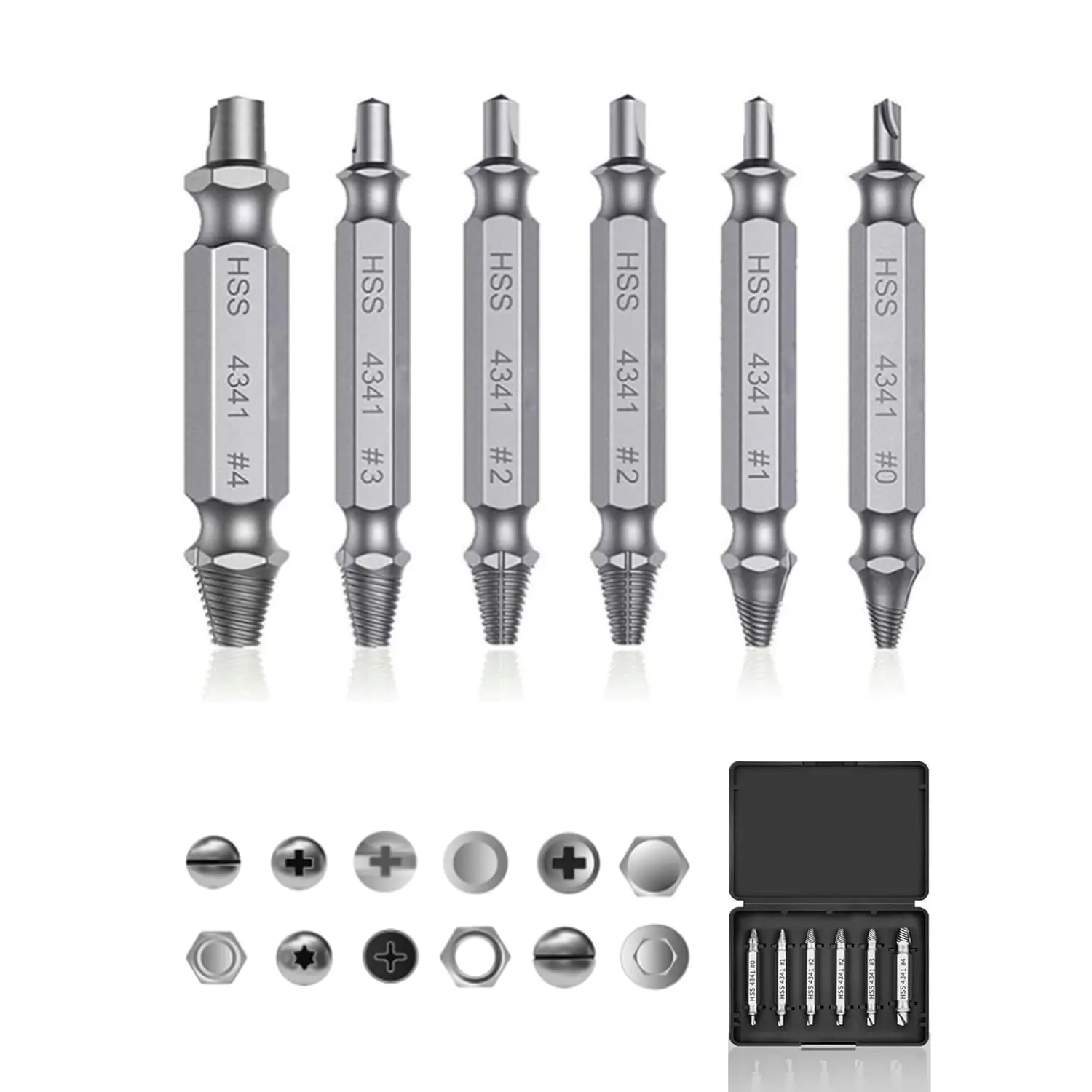 6-Size Hardened Heat-Treated Steel Stripped Screw Extractor Kit (6pc) - Smart Design Damaged Bolt Removal Set with Case, 2-Step Operation Tools for DIY Projects, Automotive Brake Work, Drill/Hand Tool Compatible