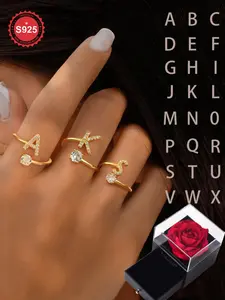 S925 Sterling Silver Initial Letter Adjustable Ring, Fashion Rhinestone Decor Cuff Ring for Party, Daily Clothing Decor, Trendy All-match & Exquisite Jewelry for Gift Wedding, Valentine's Day, Gift, Alphabet Design Ring
