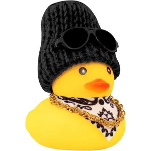 Black Knit Hat-Scarf Car Rubber Duck, Duck Decoration Dashboard with Sun Hat Necklace Sunglasses for Car Dashboard Decorations