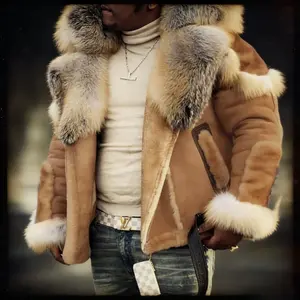 Men's Tan Faux Fur Hooded Longsleeves Jacket - Large Collar, Plain Fabric, Warm Stylish Menswear Winter Coat for Cozy Casual Streetwear