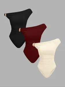 Women's 3-Piece Fall Winter Solid Knit Set, Fashionable Comfortable Fitted One-Shoulder Crop Top, Inner Wear or Outerwear, All-In-One