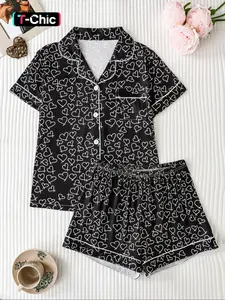 Women's Love Heart Print Pajama Set, Elegant Chic Fitted Short Sleeve Button Top & Comfortable Loose Shorts, All Seasons Sleepwear, Loungewear, Pjs