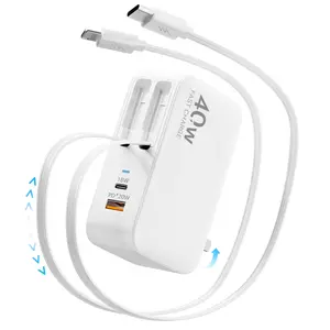 4-in-1 Retractable Wall Charger with Dual USB Ports and 90cm Lightening and Type-C Cables, 40W Fast Charging Foldable Block Compatible with ipad,iPhone 16/15, airpods,Galaxy, Pixel, and More